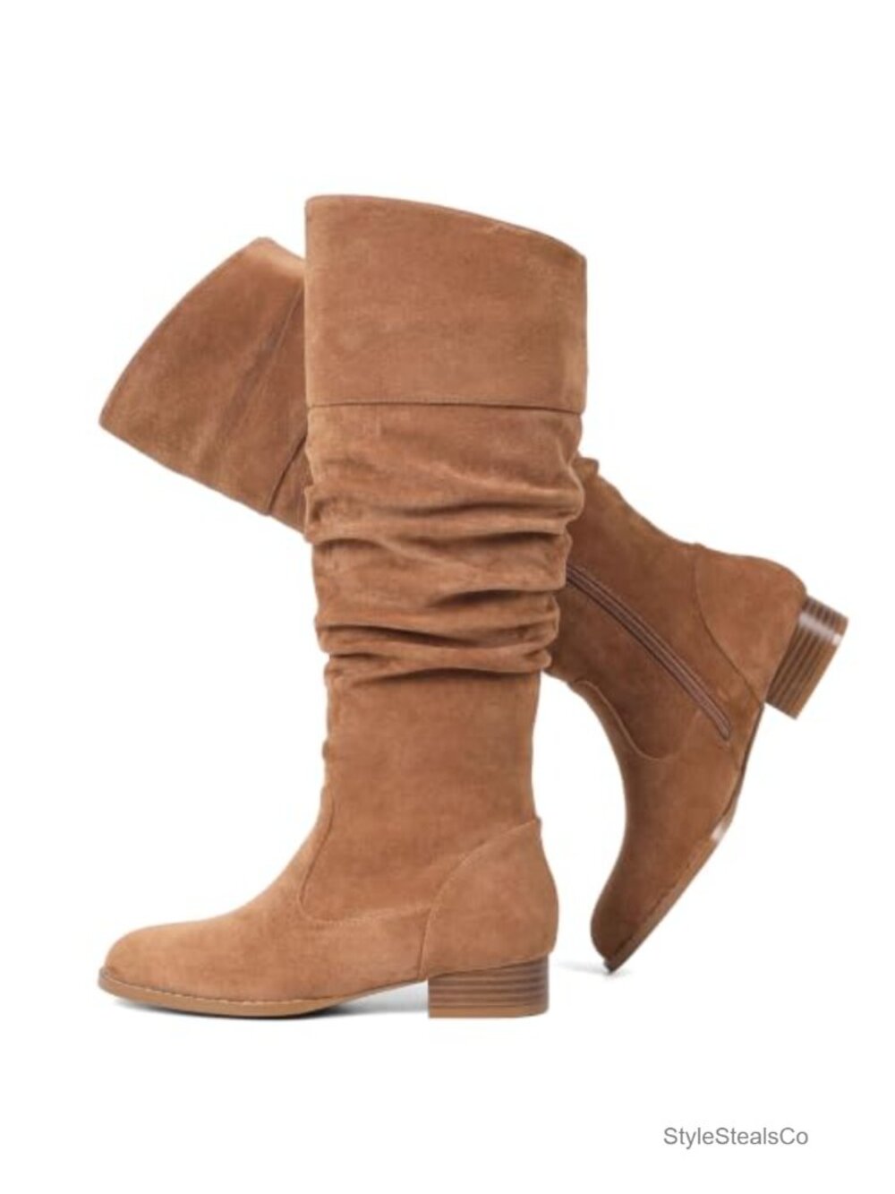 Suede Knee High Boots Flat Slouchy Side Zipper Round Toe Casual
